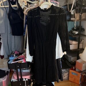 Chic Black Crochet Double Layer Long Sleeve Dress
